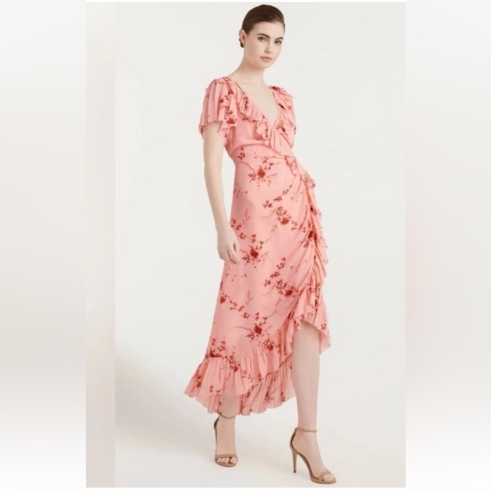 Cinq a Sept Fleur Sheila Faux Wrap dress. pale roseFloral Pink Ruffle Wrap Dress - Picture 1 of 15